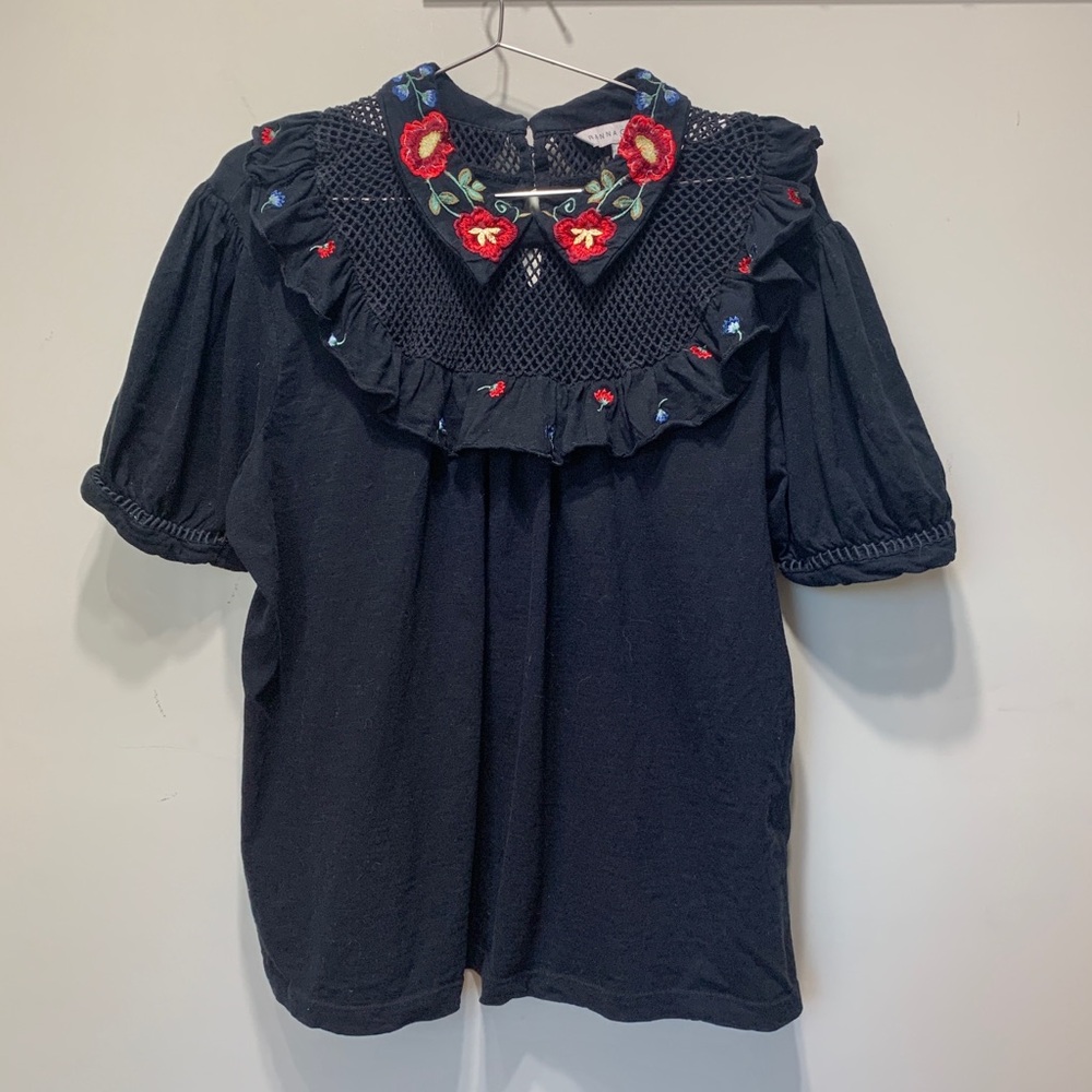 Rana Gill Anthropologie puff sleeve embroidered blouse